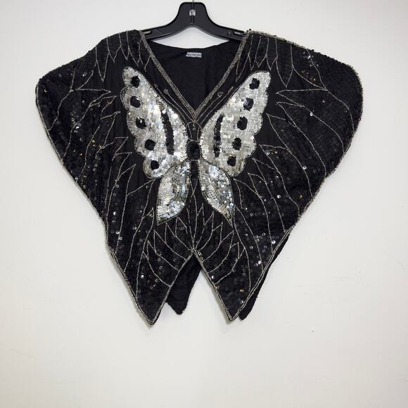 100% PURE SILK Vintage 70s 80s Sequins Butterfly Blouse S/M Small Medium OSFM - Picture 1 of 9